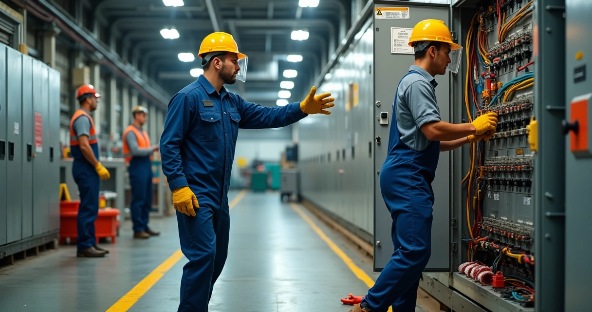 Técnico interrompe colega prestes a tocar painel elétrico em fábrica 