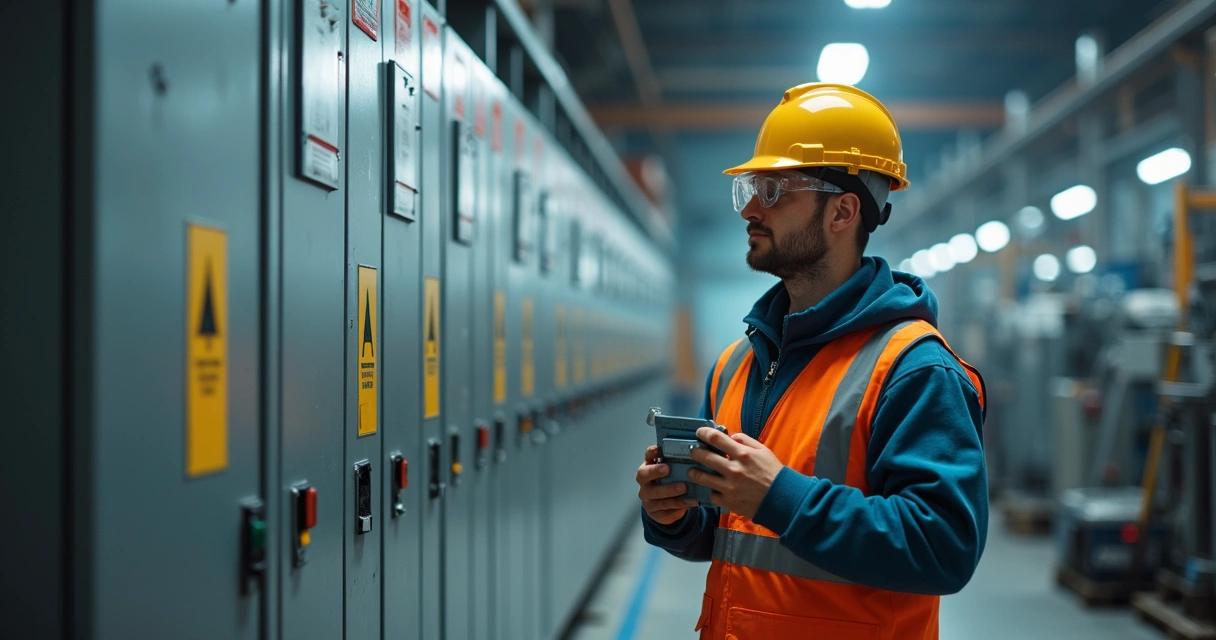 Eletricista em fábrica com EPI diante de painel elétrico 