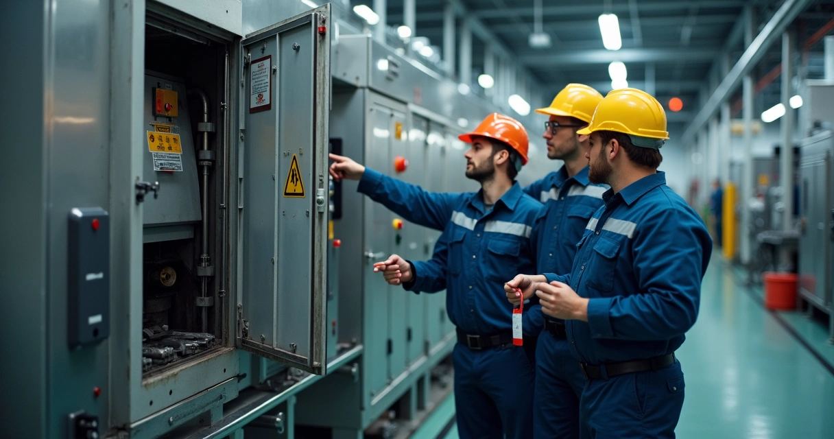 Equipamento industrial sendo analisado em ambiente fabril para manutenção e bloqueio de energia 