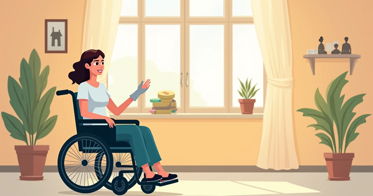 Mulher em cadeira de rodas, com uma mão amputada, expressando determinação, interior iluminado por luz natural 