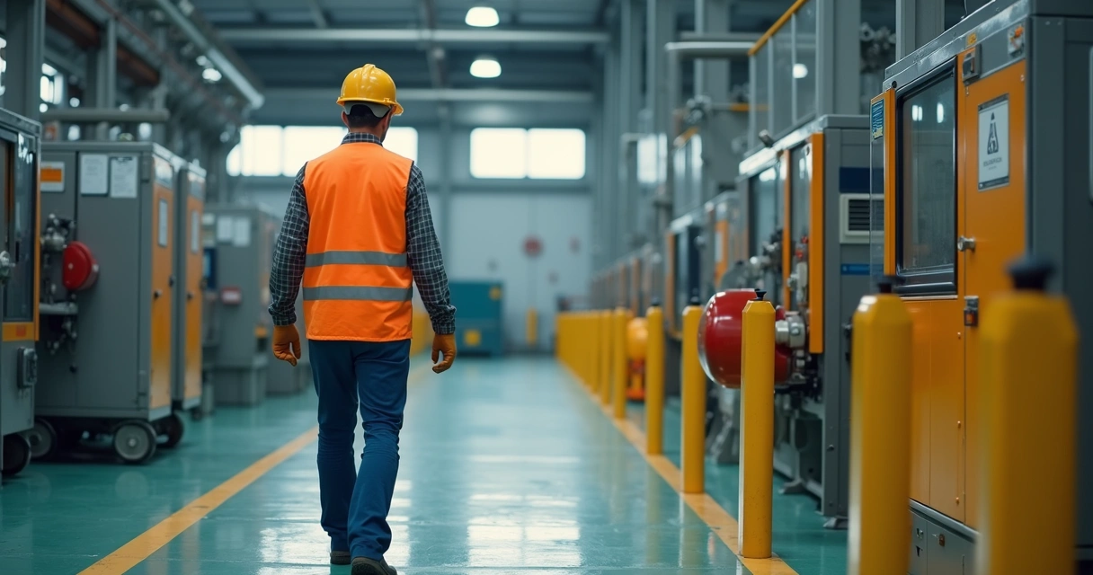 Setor fabril com colaborador utilizando EPI e sinalização correta