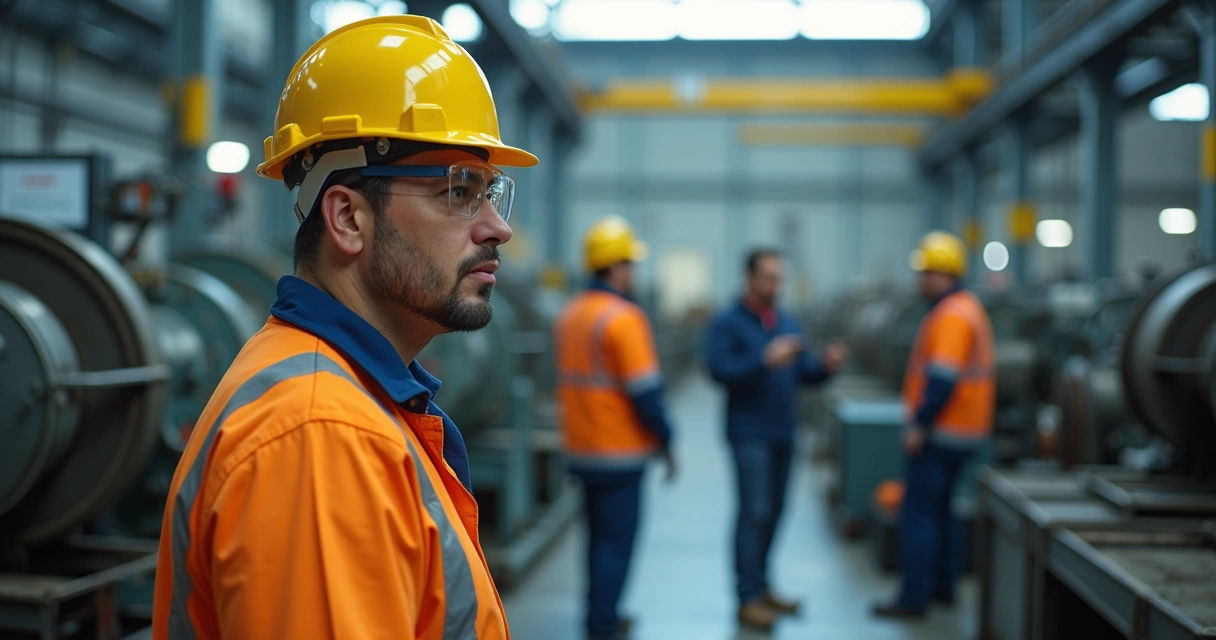 Operário usando capacete de segurança em área industrial 