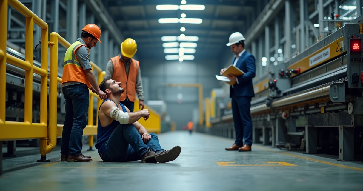 Linha de produção industrial parada com equipe técnica atendendo trabalhador ferido 