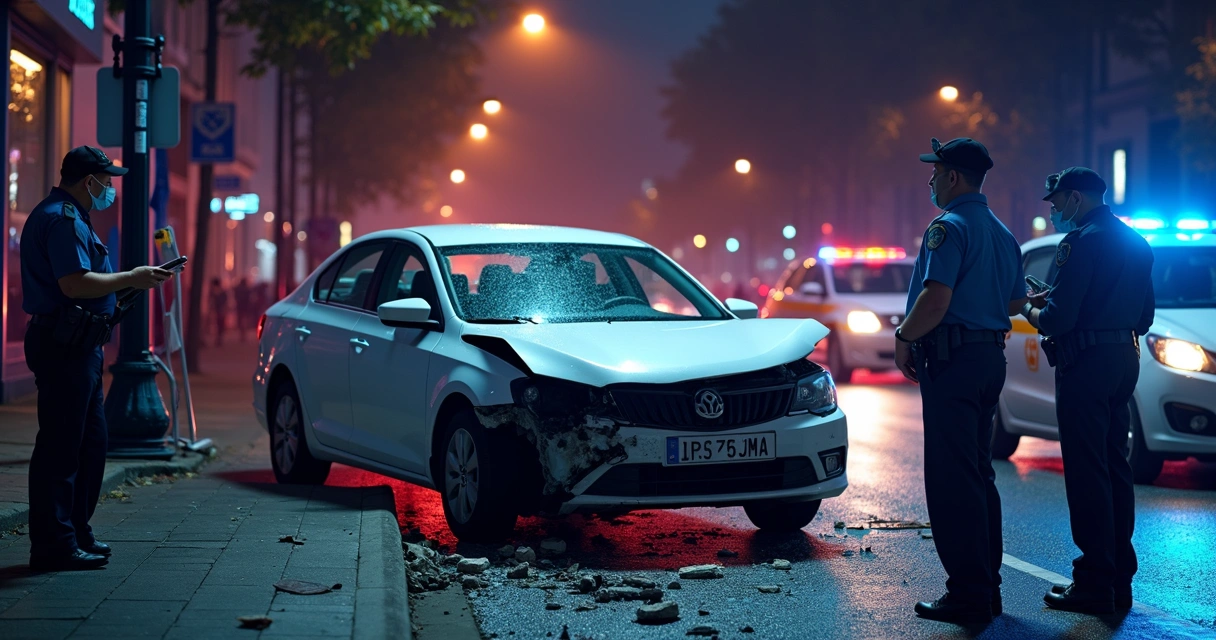 Carro acidentado em via urbana, polícia investigando local