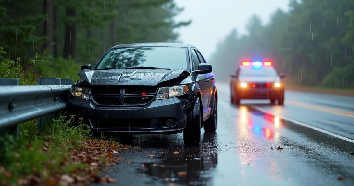 Carro batido na lateral de uma estrada molhada 