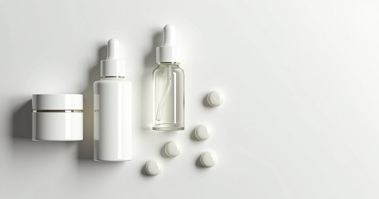 Frascos de creme, cápsulas e sérum de ácido hialurônico sobre superfície clara 