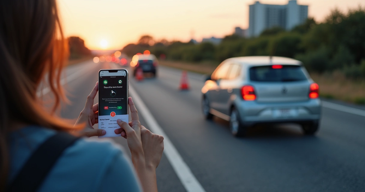 Motorista em acostamento seguindo checklist no celular após acidente leve 
