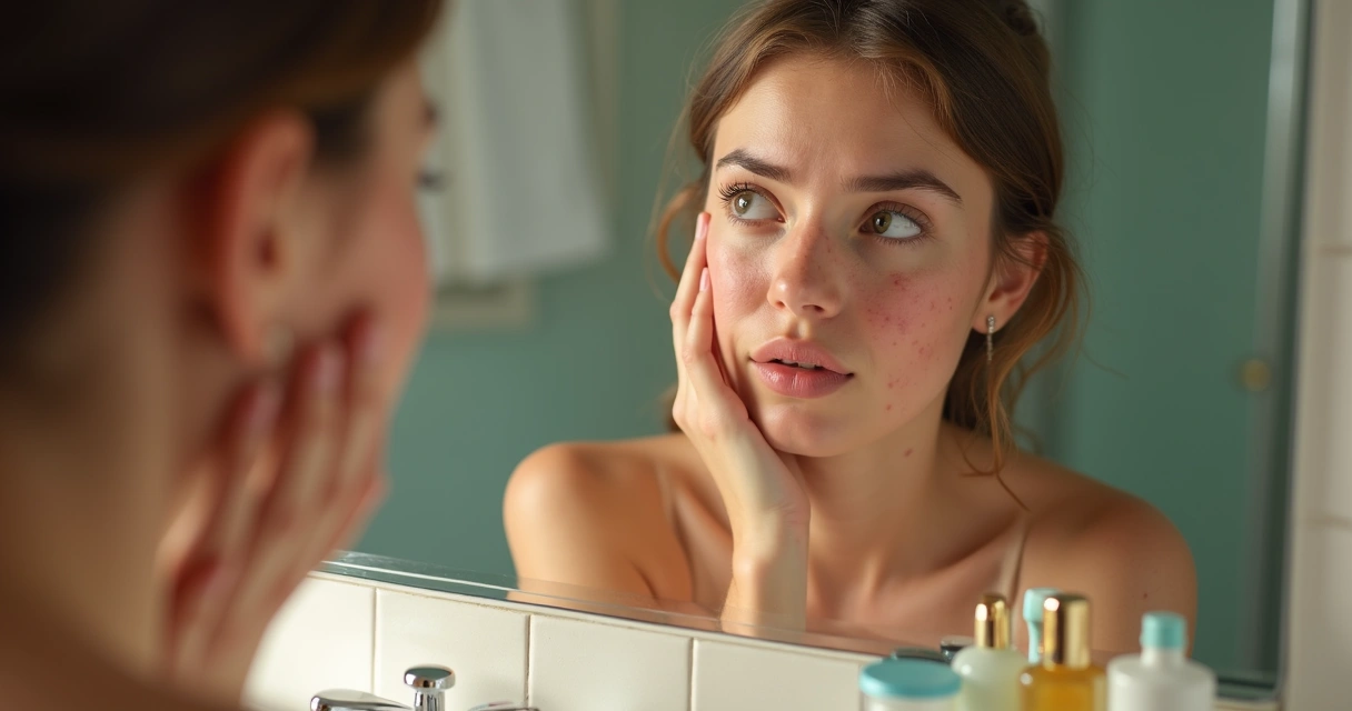 Como a dieta interfere nos resultados dos tratamentos dermatológicos 2 Jovem diante de um espelho, tocando o rosto com acne.
