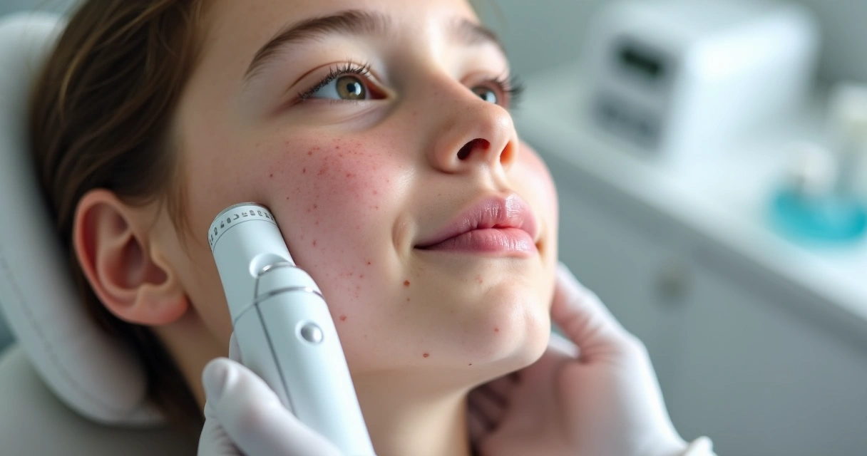 Paciente com acne recebendo luz pulsada 