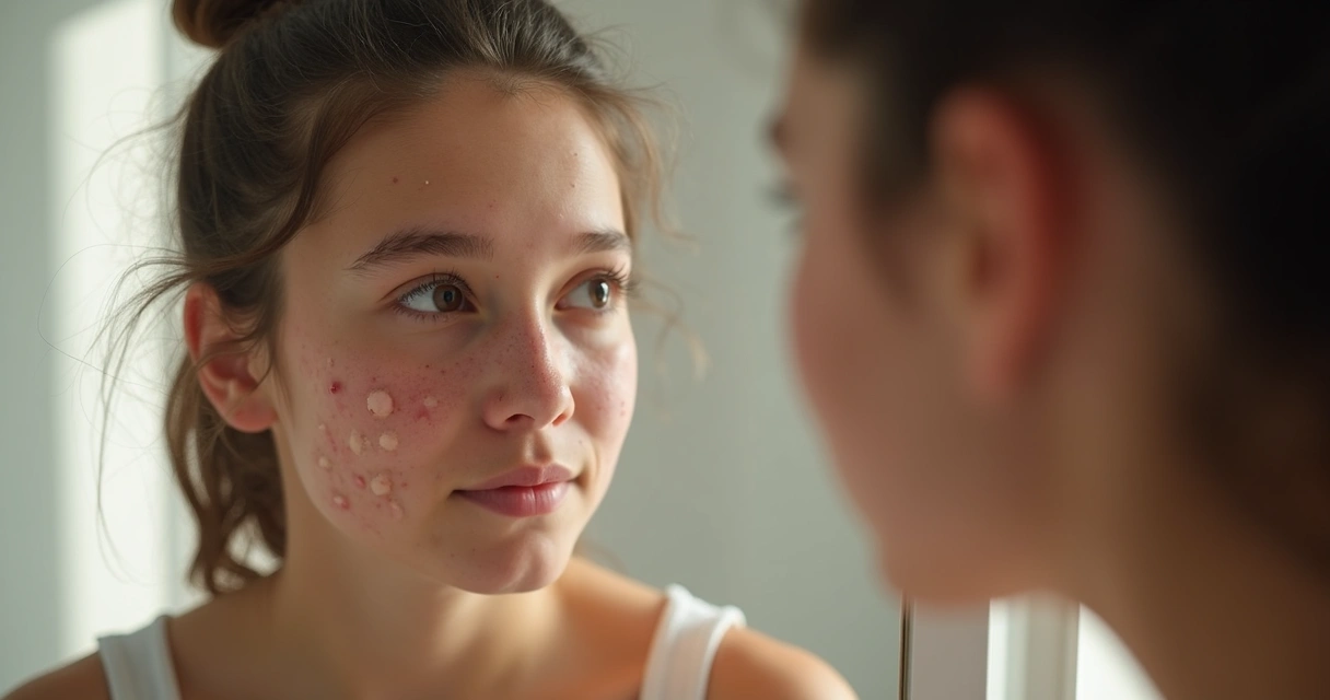 Adolescente com rosto mostrando acne leve e inflamação 
