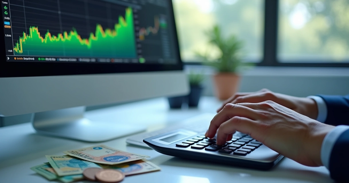 Gráfico de ações subindo em tela de computador com dinheiro na mesa