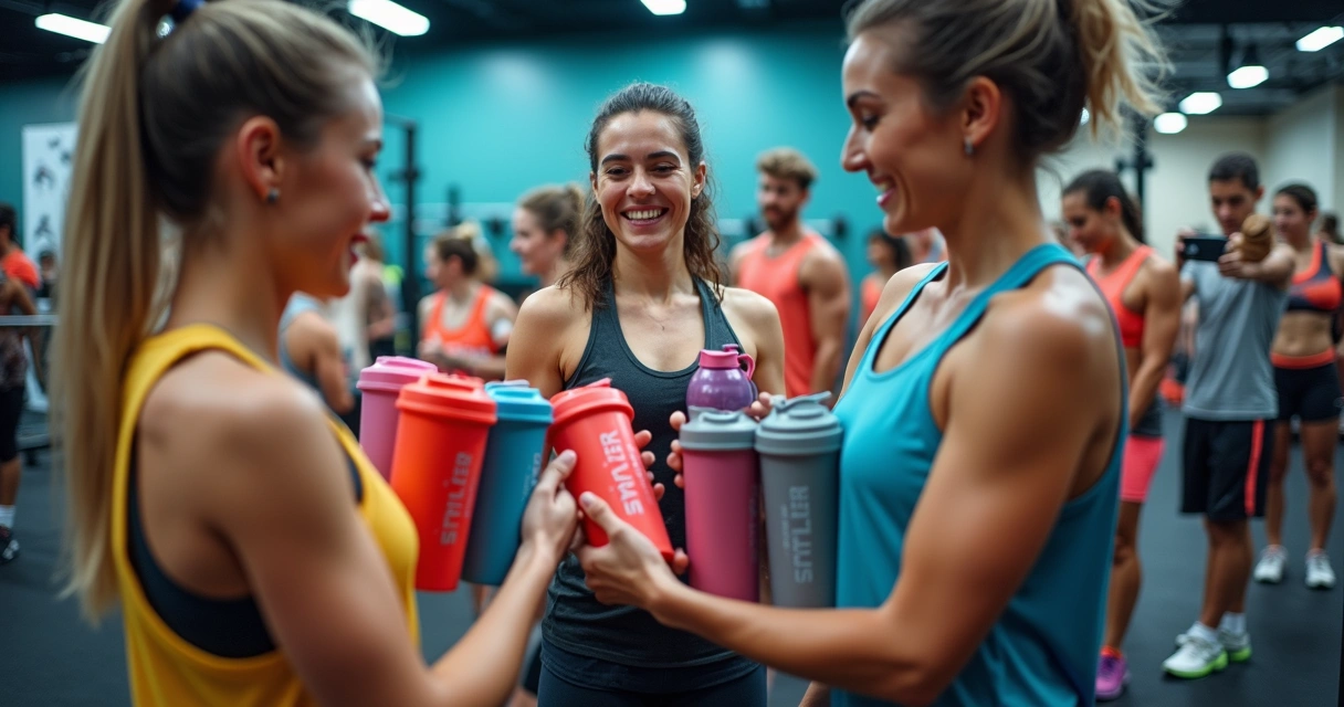 Ação de distribuição de coqueteleiras personalizadas em evento fitness 