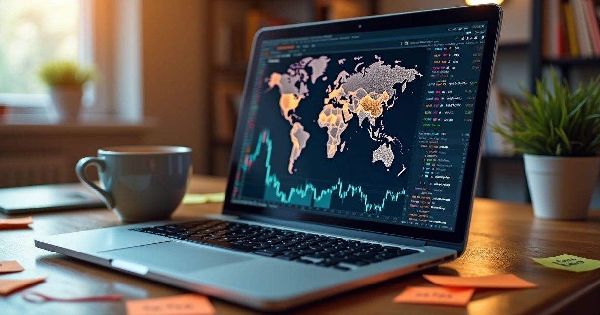 Tela de computador com gráficos de ações internacionais 
