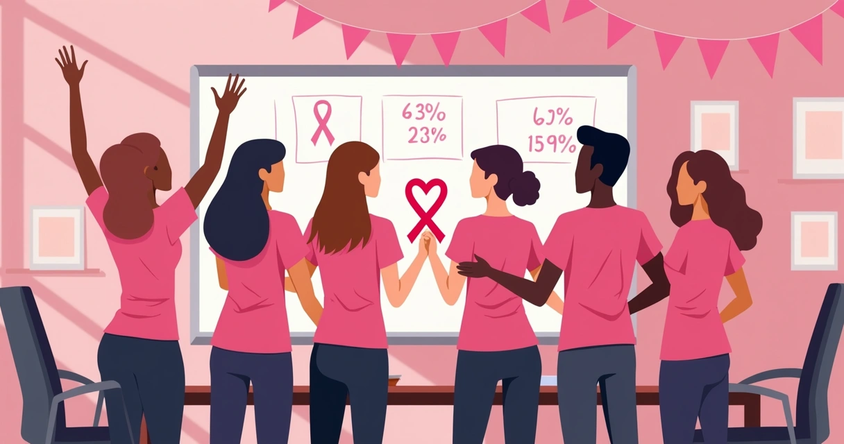 Equipe de empresa em uma sala decorada de rosa, vestindo camisetas e segurando laços simbólicos 