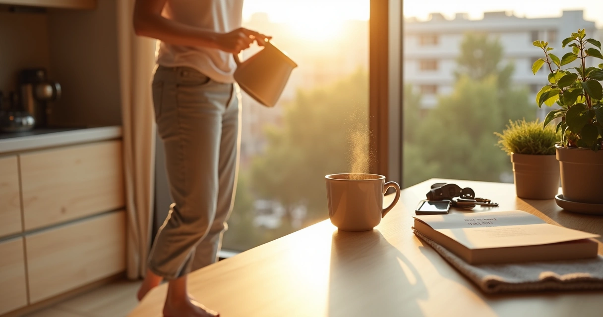 Pessoa em uma cozinha iluminada realizando pequenos gestos de cuidado no dia a dia 