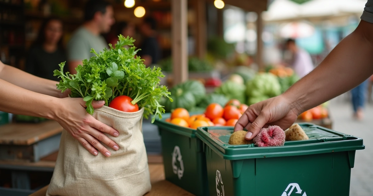 Mãos separando resíduos e escolhendo produtos locais em feira 