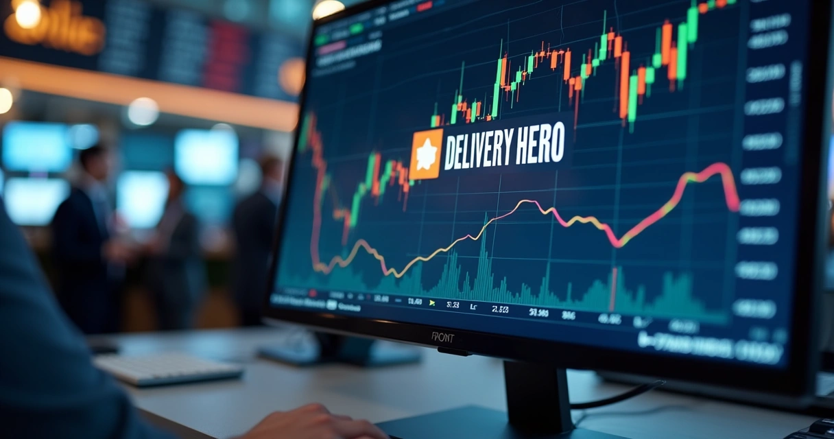 Tela de computador mostrando gráficos das ações da Delivery Hero em alta na bolsa de Frankfurt 