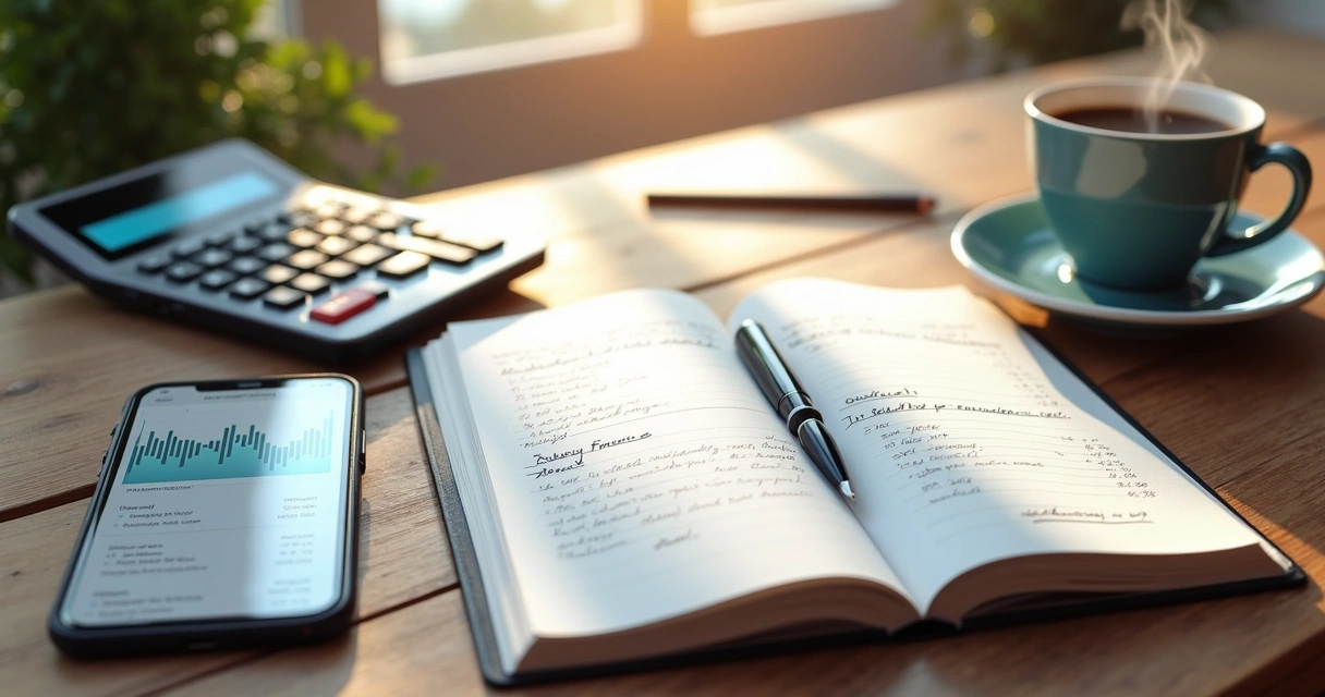Mesa com itens representando ações financeiras diárias, como caderno, caneta, calculadora, smartphone com app financeiro aberto e uma xícara de café 