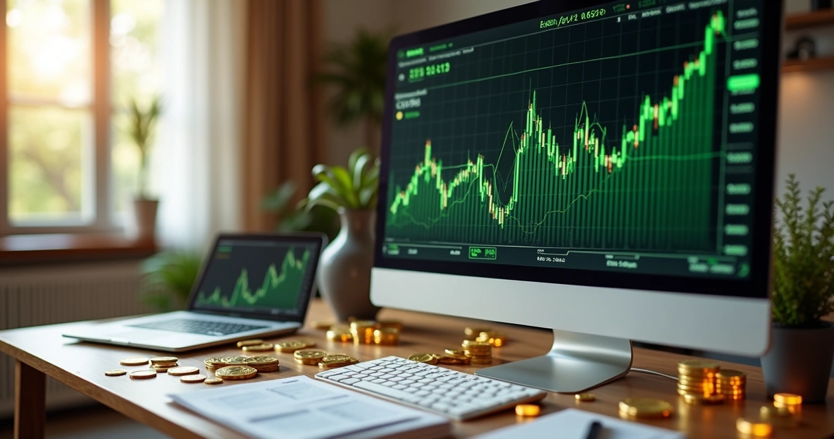 Gráfico financeiro crescente em tela de computador com ícones de moedas e cédulas ao redor 