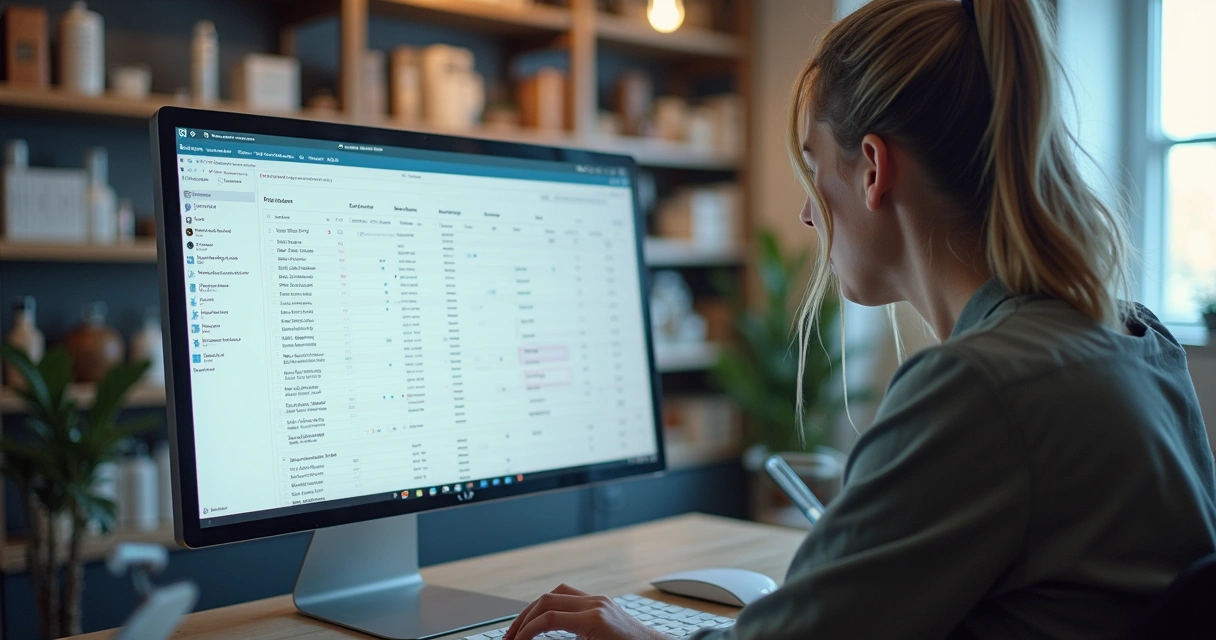 Gestor de varejo no computador, selecionando produtos para ação em lote de atualização de preço 