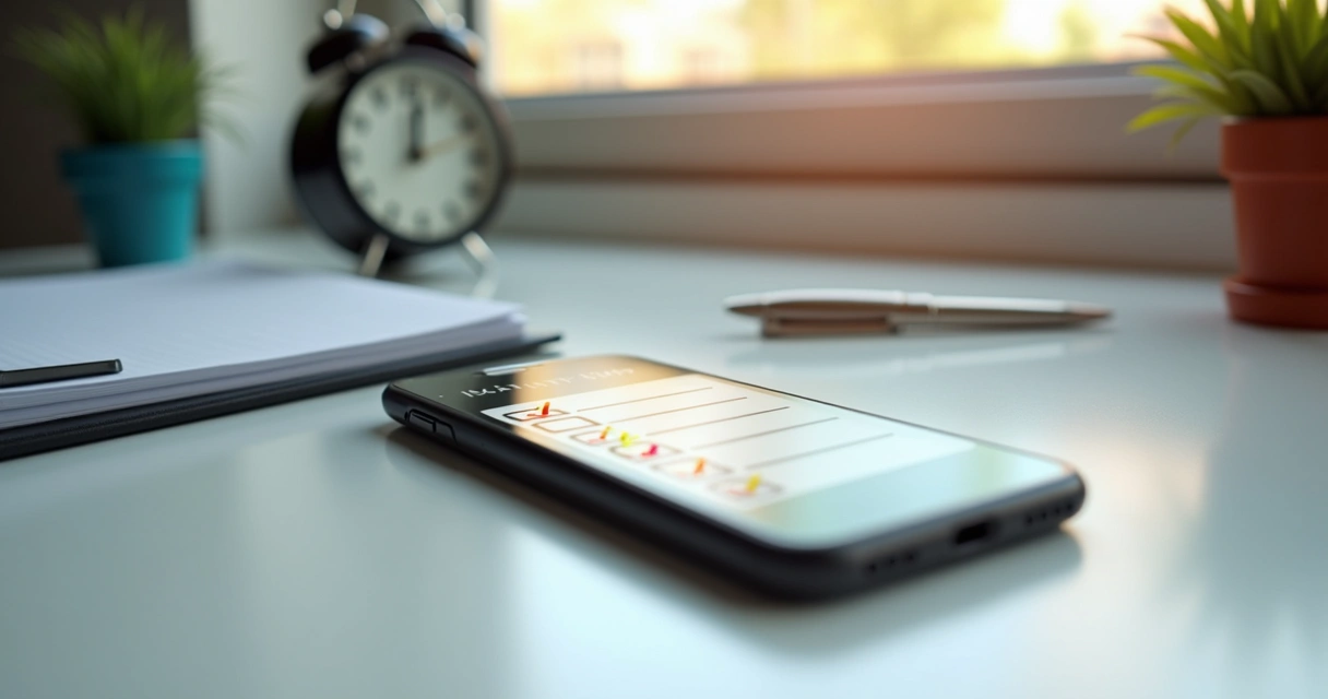 Celular com checklists e indicadores em tela, caneta ao lado