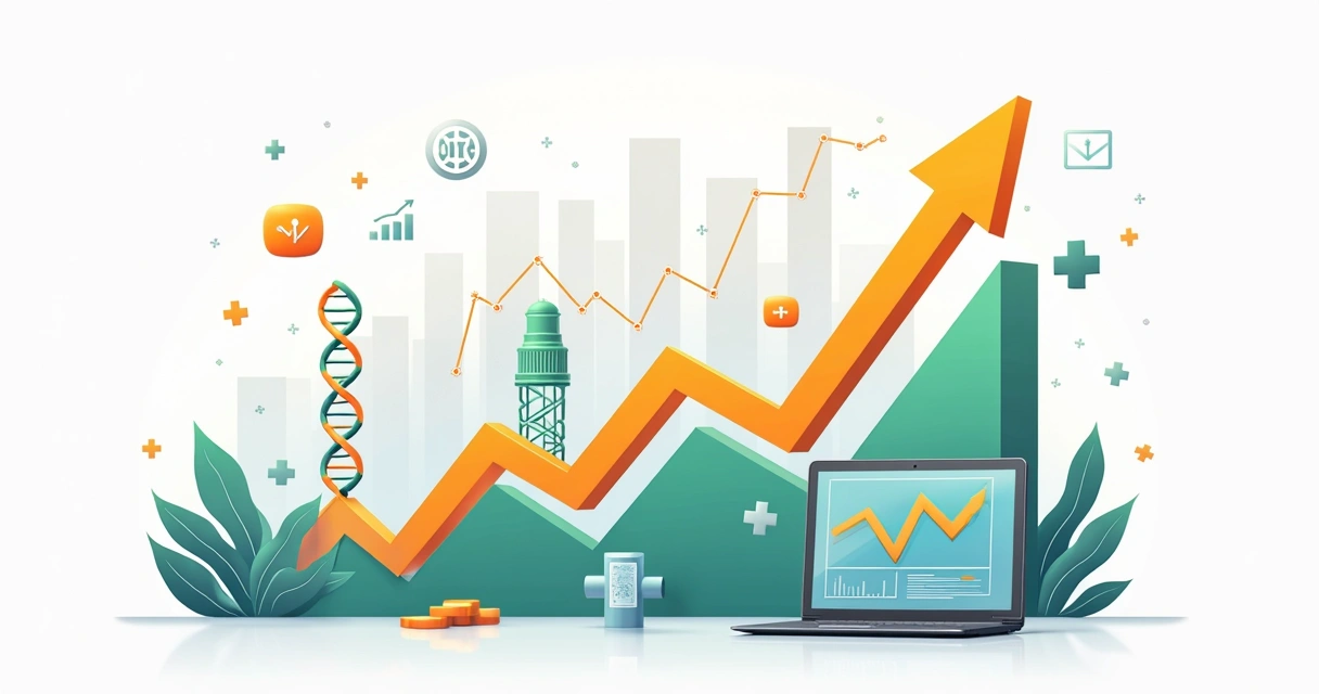 Gráfico crescente sobreposto a ícones de ciência e tecnologia 