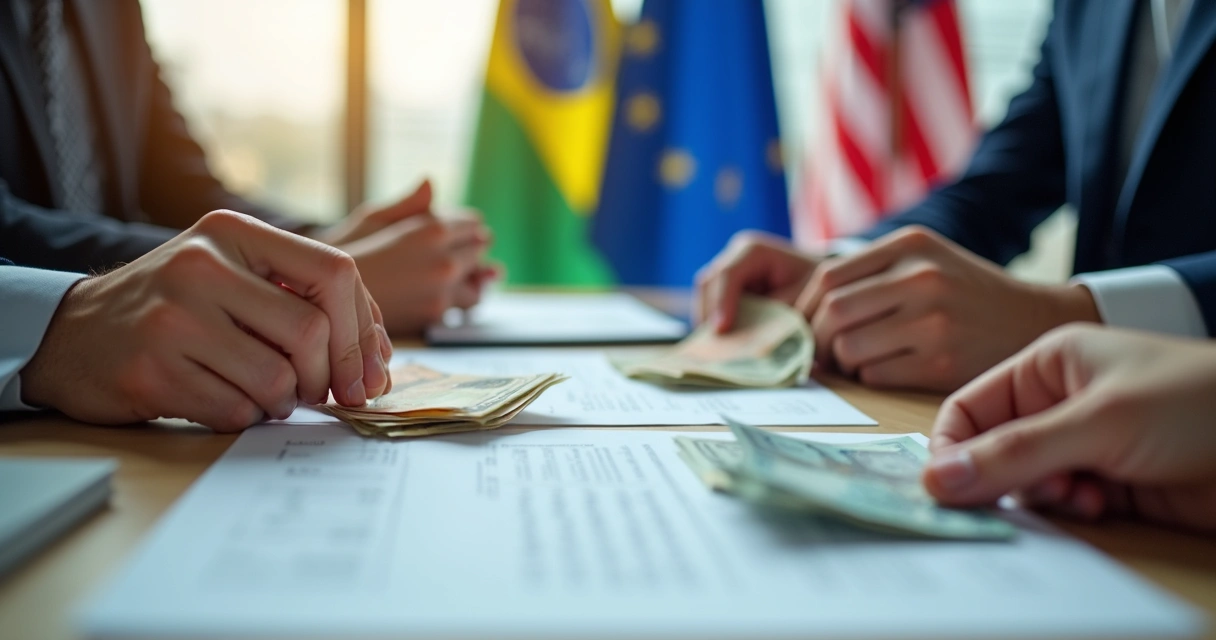 Mãos segurando contratos e dinheiro, com bandeiras de vários países ao fundo.