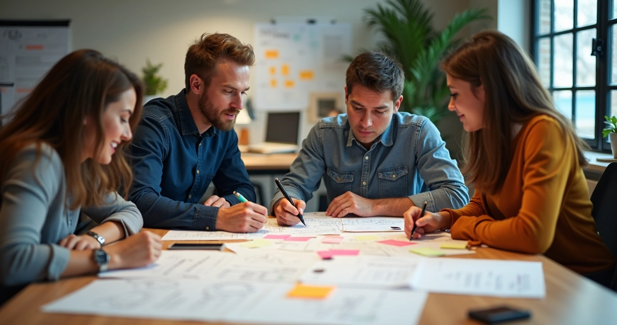 Equipe desenvolvendo plano de ação em sala de reunião 
