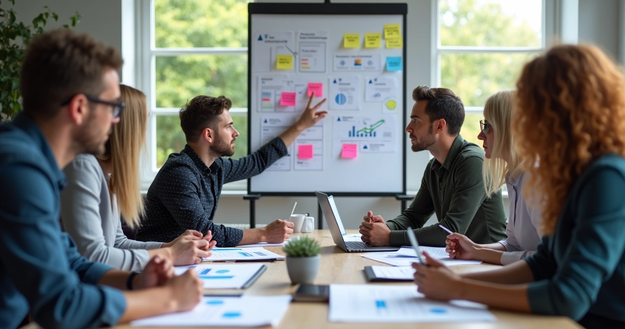 Equipe reunida analisando feedbacks para definir melhorias no produto
