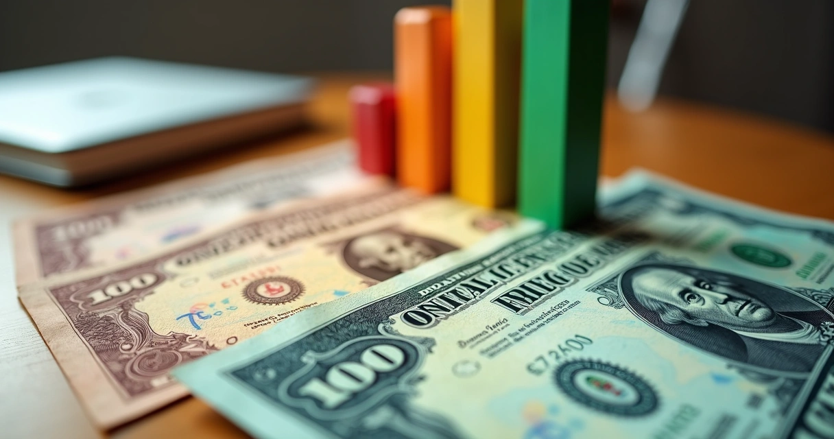 Certificados coloridos de ações e gráfico de barras subindo