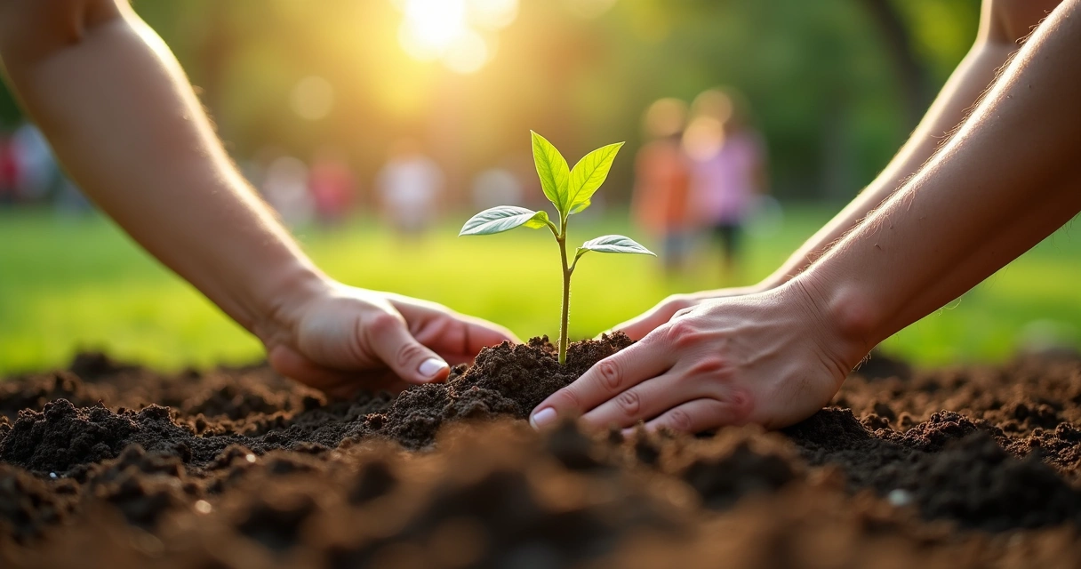 Mãos plantando muda em solo fértil, simbolizando atitude positiva 