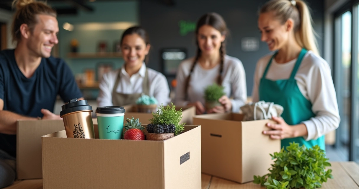 Equipe organizando brindes ecológicos em caixas para evento promocional 