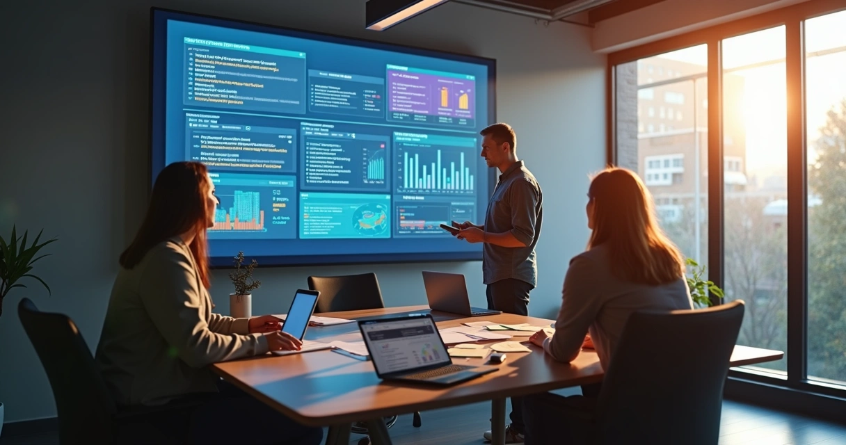 Equipe de CS observando painel com alertas de clientes em risco, conversando e planejando ações 