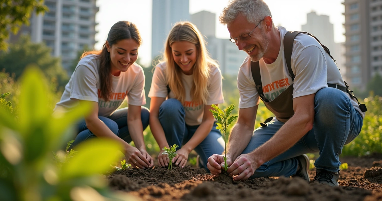 Pessoas plantando mudas em espaço urbano com camisetas de voluntariado e sorrisos. 