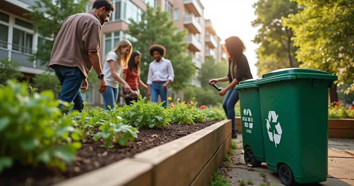 Pessoas organizando reciclagem e horta comunitária urbana