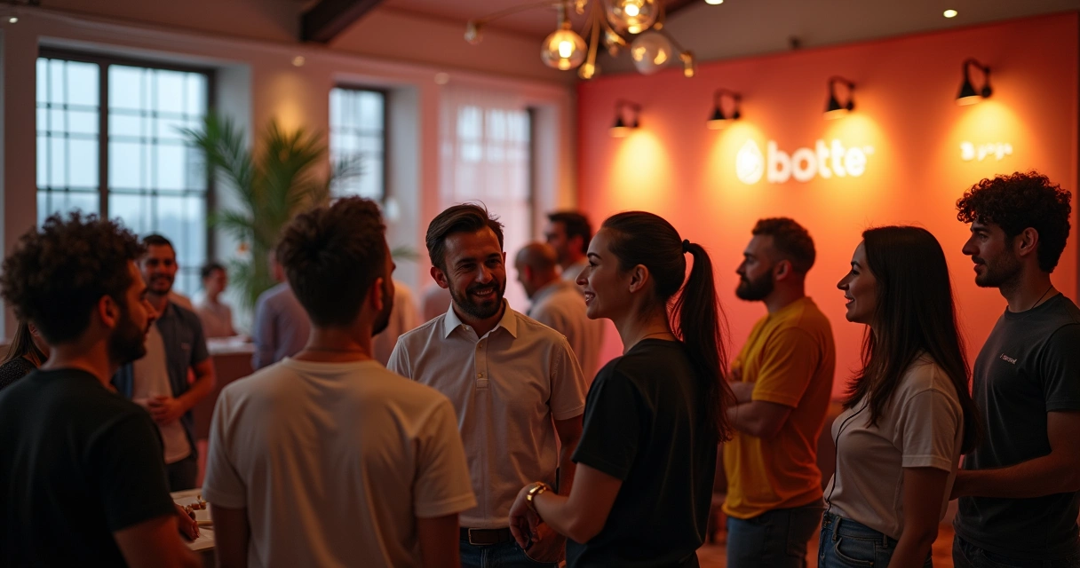Clientes reunidos em evento de marca, clima caloroso e de acolhimento 