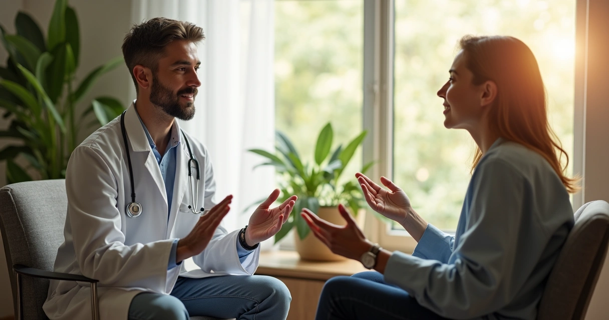 Paciente sendo acolhido por médico em ambiente humanizado 