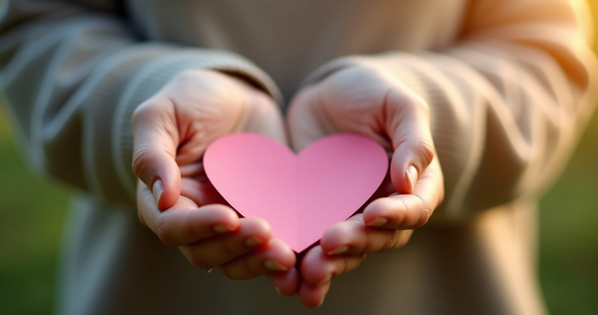 Mãos segurando um coração desenhado em papel 