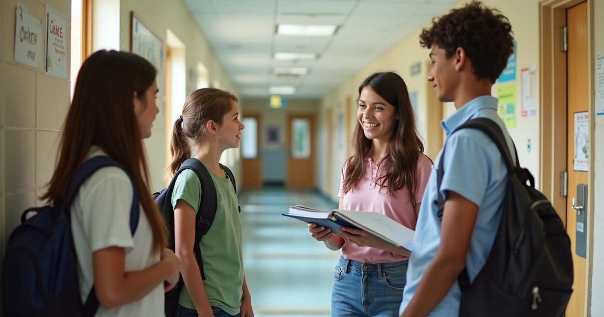 Interação acolhedora entre professor e estudantes no corredor