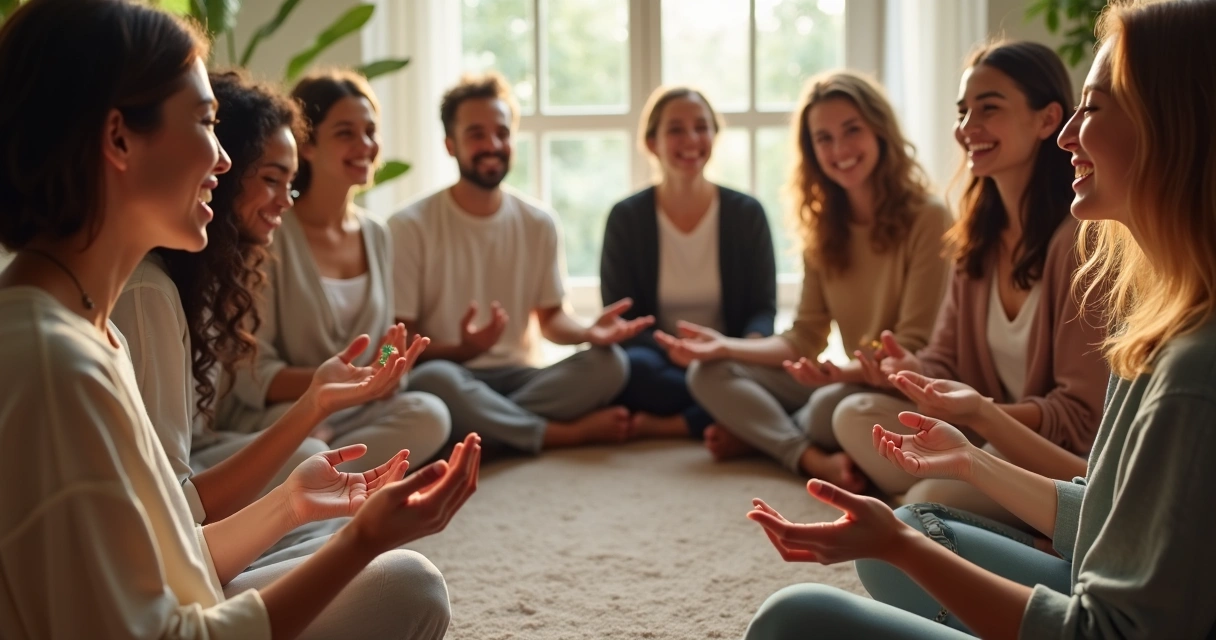 Grupo diverso sentado em círculo, com diferentes símbolos religiosos, sorrindo em um ambiente de respeito. 