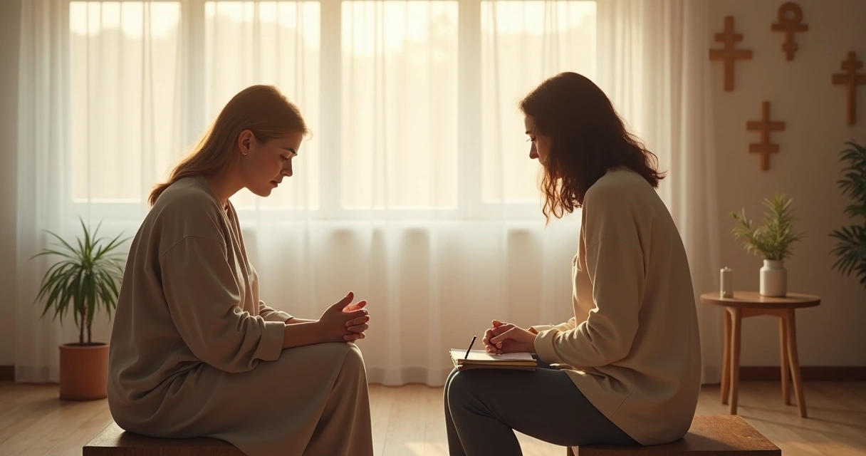 Pessoa sentada em banco recebendo acolhimento espiritual em ambiente calmo e iluminado 