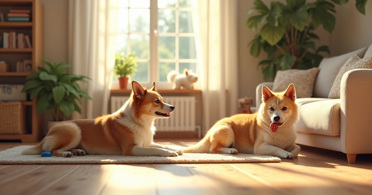 Cães a relaxar e brincar livremente numa sala acolhedora