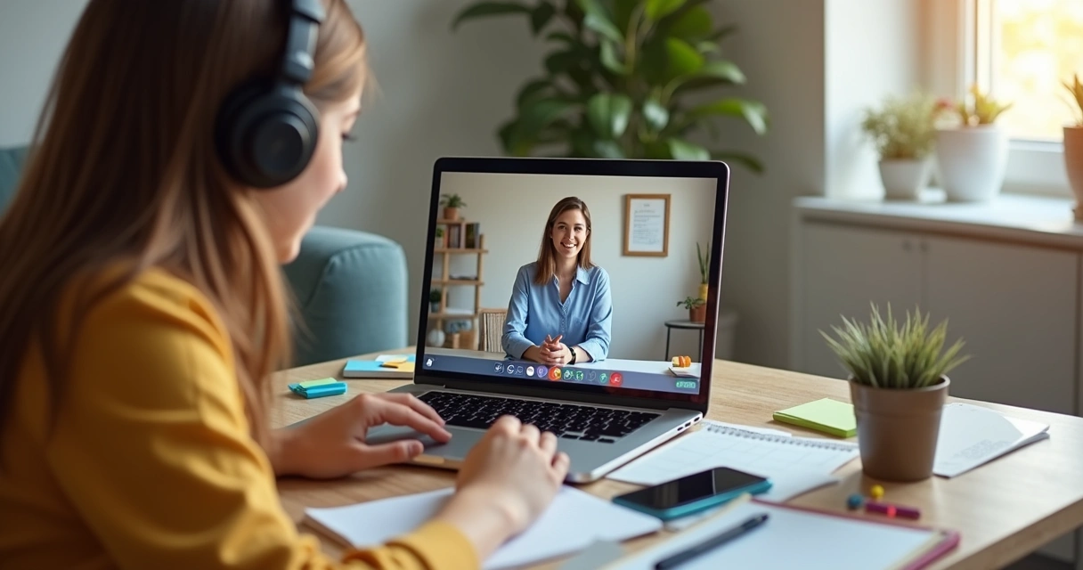 Tutor em videochamada acolhendo estudante em ambiente virtual
