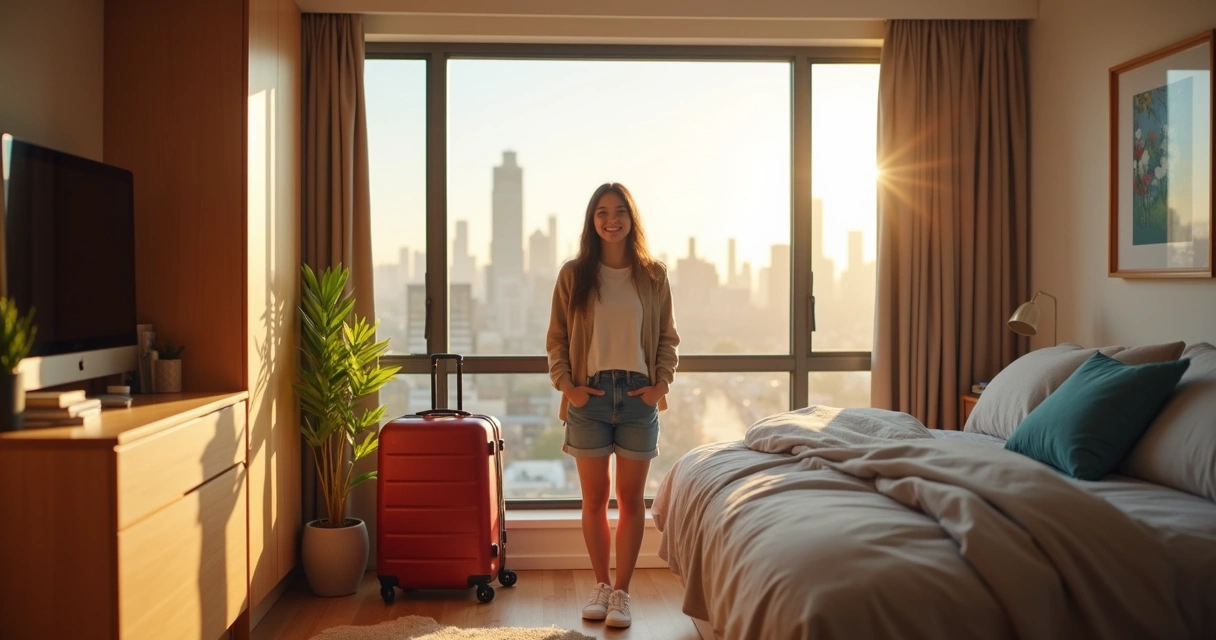 Estudante em acomodação confortável com mala no chão. 