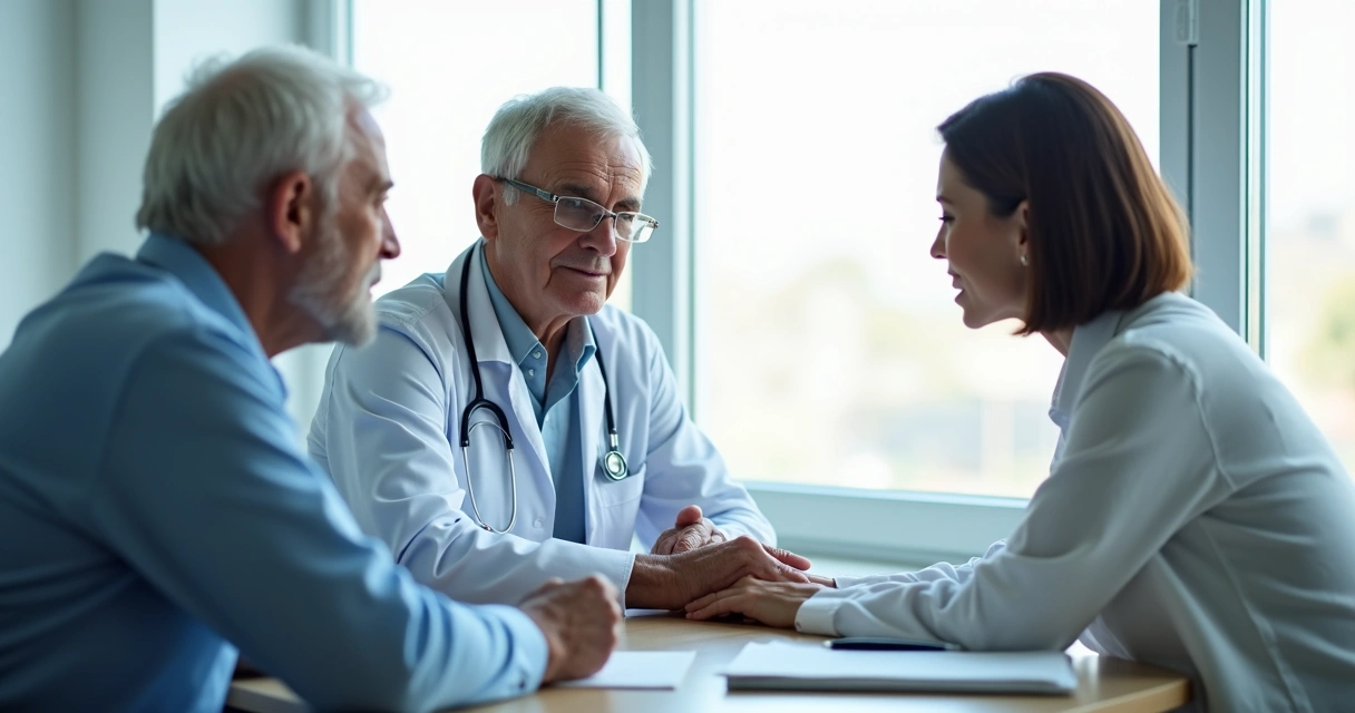 Acompañante y paciente en una consulta médica conversando con respeto