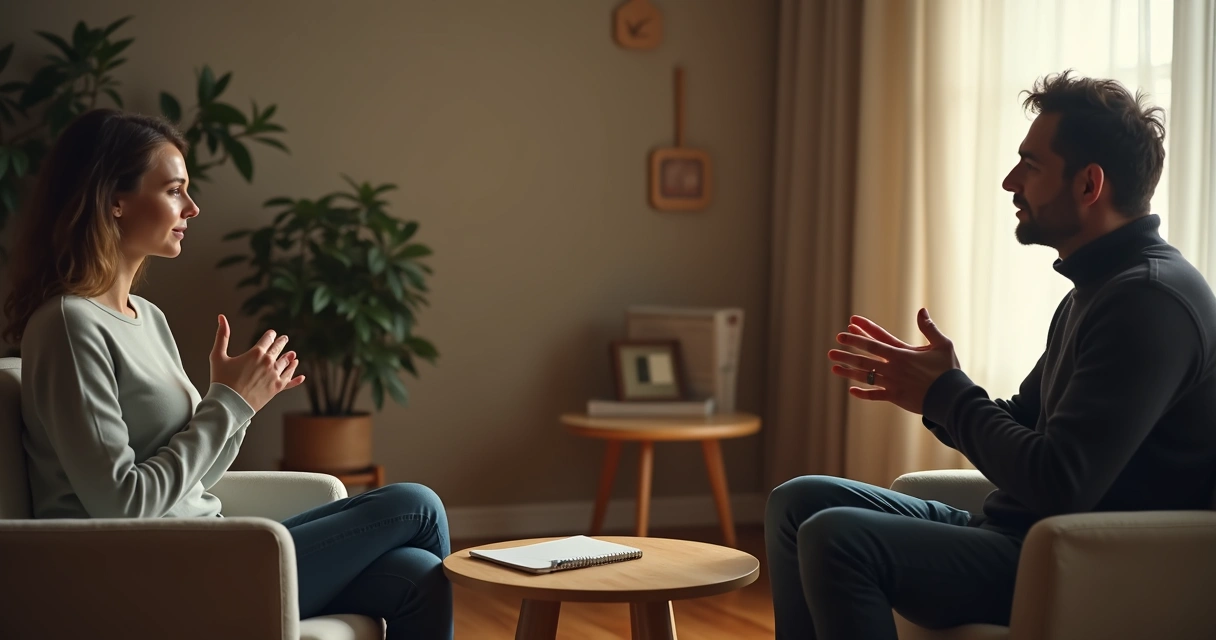 Dos personas conversando en un ambiente sereno con escucha atenta 