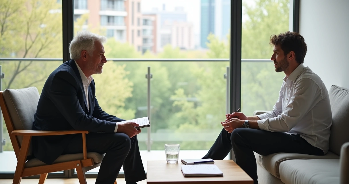 Facilitador y cliente conversando en una sesión de acompañamiento reflexivo 