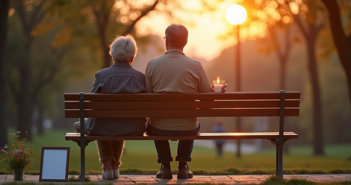 Dos personas sentadas juntas en un banco al atardecer sosteniendo una vela encendida 