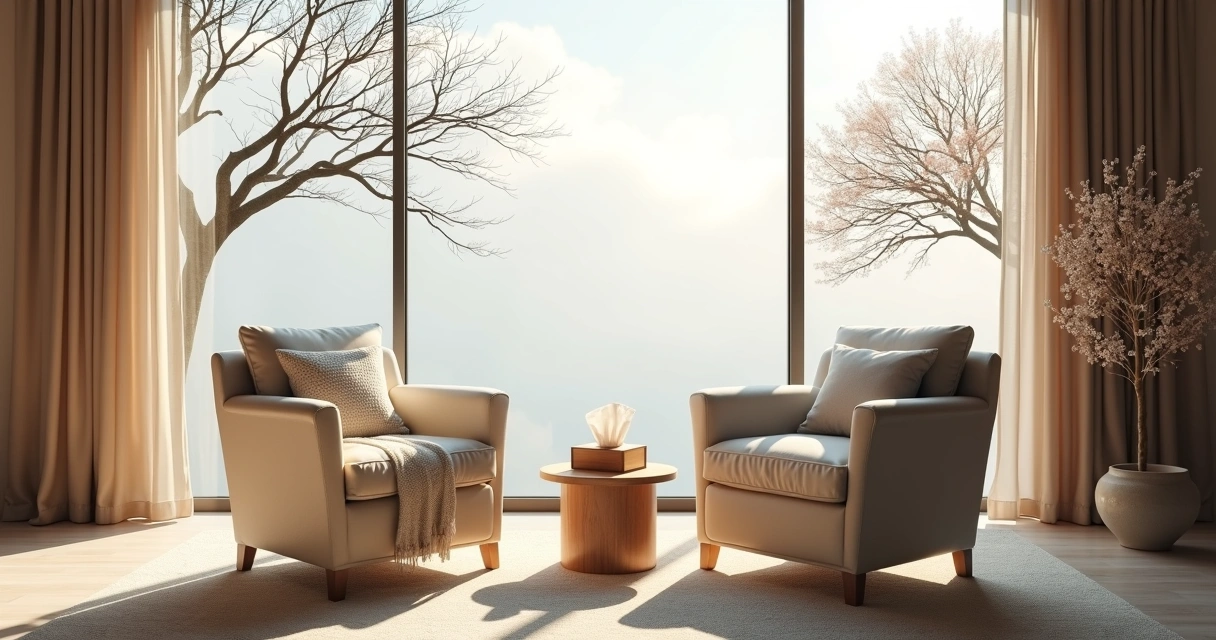 Dos sillones frente a frente en una sala luminosa con vista a un árbol sin hojas y uno florecido 