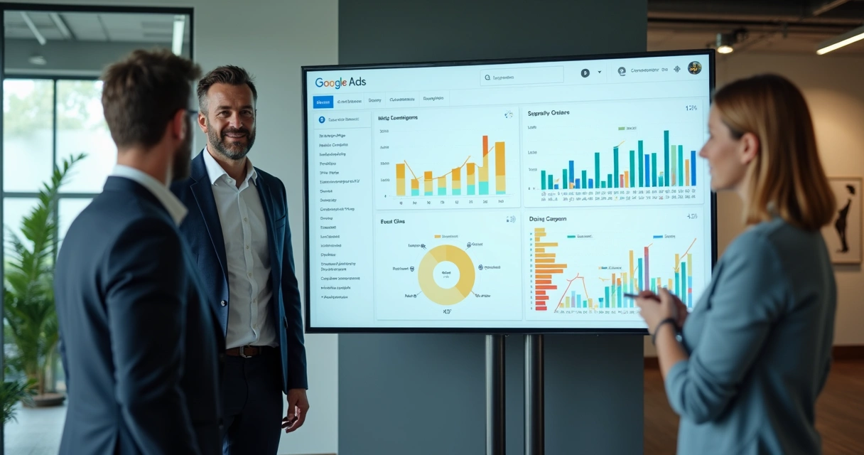 Profissional apontando relatório de campanha Google Ads em tela grande 